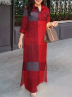 Summer Spring Women Dresses 2025 ZANZEA Vintage  Plaid Checked Sundress Lapel Neck 3/4 Sleeve Shirt Dress Maxi Vestidos Robe