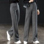 Herringbone Pattern Woolen Wide Leg Pants For Woman 2022 Spring Autumn High Waist Straight Trousers Ladies Slim Suit