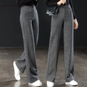 Herringbone Pattern Woolen Wide Leg Pants For Woman 2022 Spring Autumn High Waist Straight Trousers Ladies Slim Suit
