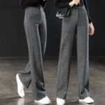 Herringbone Pattern Woolen Wide Leg Pants For Woman 2022 Spring Autumn High Waist Straight Trousers Ladies Slim Suit