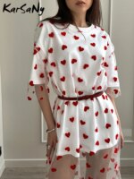 Long Mesh T Shirt Dress For Women Short Sleeve Heart Tulle Fake Two Piece Dresses WOmen's White Loose Maxi Dress With Heart Red
