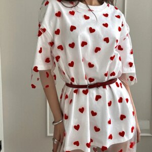 Long Mesh T Shirt Dress For Women Short Sleeve Heart Tulle Fake Two Piece Dresses WOmen's White Loose Maxi Dress With Heart Red
