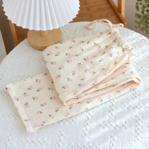 Spring And Summer New Trousers Women's Cute Flowers Thin Section 100%Cotton Crepe Casual Pants Loose Home Pants Women Bottoms