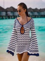 Sexy Boho Striped Chic V-neck Cut Out Bell Sleeve Knit Beach Mini Dress 2025 Summer Women Seaside Holiday Swimsuit Cover Up K123