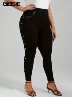 GIBSIE Plus Size Pearl Beaded Leggings For Women Spring Fall Black Elegant High-waisted Skinny Pencil Pants With Pockets
