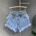Summer New Fashion Denim Shorts Women Personalized Tassel Diamond Wash Light Blue Short Jeans Fashion Sexy Feather Hot Pants