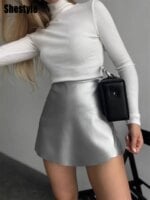 Shestyle Women Shorts High Waist Sexy Elegant PU Faux Leather Skirts Office Lady A-Line Asymmetrical Bottom Clubwear Workwear