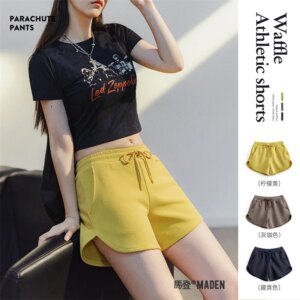 Maden Waffle Women's Casual Shorts Running Fitness Sweatpants Beach Pants Loose Drawstring Shorts Summer Breathable Yellow Color