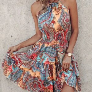 Irregular Printed Vest Backless Dress Women Summer Sexy Sleeveless Mini Dresses Party Clothes