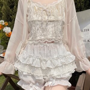 Women s Fashion Bloomers Shorts Lace Layered Ruffle Bowknot Elastic Waist Short Pants Summer Casual Shorts