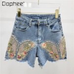 High Waist Stretchy Burr Denim Hot Pants Female 2024 Summer New Heavy Industry Beads Embroidered Blue Shorts Women Clothing