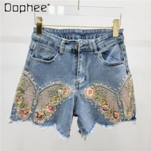High Waist Stretchy Burr Denim Hot Pants Female 2024 Summer New Heavy Industry Beads Embroidered Blue Shorts Women Clothing