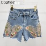 High Waist Stretchy Burr Denim Hot Pants Female 2024 Summer New Heavy Industry Beads Embroidered Blue Shorts Women Clothing