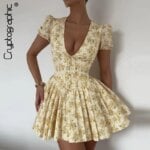 Cryptographic Elegant Puff Sleeve Corset Floral V Neck Mini Dress Fairy Grunge Outfits Fashion Vintage Dresses Holiday Vestido