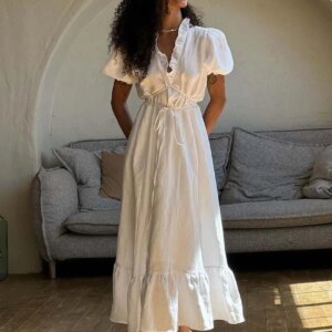 Oymimi Elegant White Cotton Womens Dresses Fashion Short Sleeve V-Neck Lace-Up Dresses Summer Loose Ankle-Length Dress Female