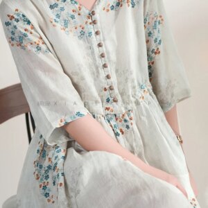 Summer Dress Women 2025 Long Print Elegant Clothing Vintage Elastic Waist Korean Beach Style V-Neck Fashion Robe Ropa De Mujer