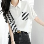 Fashionable Casual Striped Patchwork Short Sleeved T-shirt Summer Casual Loose Slimming Versatile Tops Fashion Clothes for Women