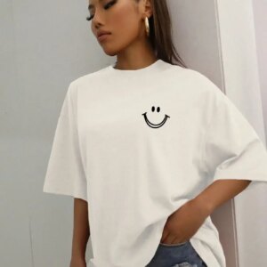 Happy Expression Printed Womens Short Sleeve Street Hip Hop Tee Clothing All-math Breathable Tops Crewneck Woman T-Shirts