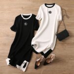 2024 Spring/Summer Women’s Ice Silk Knitted Short-Sleeved Split Dress, Literary Style O-Neck Knee-Length Package Hip Dress