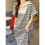 Fashion Lapel Zipper Spliced dresses Striped Casual  Female Clothing 2024 Summer New Loose Korean Short Sleeve Midi Dress