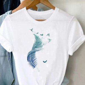 Tee Women T-shirt Summer Short Sleeve Print Clothes Graphic T Shirt Feather Painting Bird Clothing Fashion Female Top