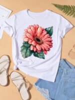 Trend Flower Watercolor Cute Graphic T-shirts Fashion Clothing Lady Clothes Short Sleeve Women Print Female Shirt Casual Tee