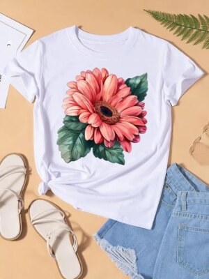 Trend Flower Watercolor Cute Graphic T-shirts Fashion Clothing Lady Clothes Short Sleeve Women Print Female Shirt Casual Tee