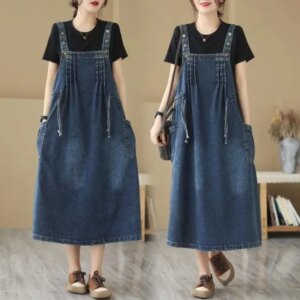 Oversized Women's Denim Skirt Spring Autumn Casual Suspenders Dress Cowboy Sleeveless Dress Female Long Adjustable Slip Dresses