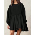 Mia Muse Women's Dresses Autumn Daily Basic Plain Loose Fit Drop-Shoulder Sleeve Crew Neck Mini Pleated Casual Dresses