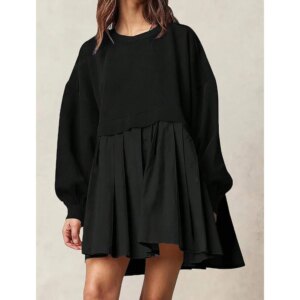Mia Muse Women's Dresses Autumn Daily Basic Plain Loose Fit Drop-Shoulder Sleeve Crew Neck Mini Pleated Casual Dresses