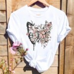 Women Watercolor Spring Butterfly Floral Flower Fashion Graphic T Top Short Sleeve Summer Shirt Print T-shirt Female Tee TShirt
