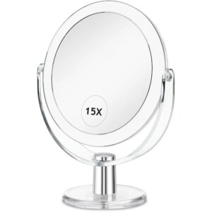 Makeup MirrorMakeup Mirror with Stand, 1X/15X Magnification, Double-Sided, 360-degree Rotating Magnifier