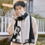 Large Acrylic Fibres Color Blocked Scarf Warmer Soft R-shaped Knitted Scarf British Style Long Men Thick Shawl Gifts