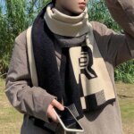 Large Acrylic Fibres Color Blocked Scarf Warmer Long R-shaped Knitted Scarf Soft British Style Men Thick Shawl Festival