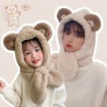Winter Thicken Warm Plush Scarf Cap Bear Ear Soft Flurry Fur Cold-proof Beanie Skullcap Casual Outdoor