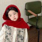 New Year's Christmas Red Thick Solid Color Scarves Children Hat Scarf Retro Baby Shawl Hats Versatile Knitted Kids Pullover Cap