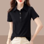 Button T-shirts Summer Outfit Black Women's Polo Short Sleeve Plain in Trend 2025 Korean Popular Clothes Original New Female Tee