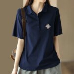 Summer Outfit Youthful Printing Women's Polo Shirts Lapel Button T-shirts Korean Clothing Elegant Baggy Short Sleeve Female Tee