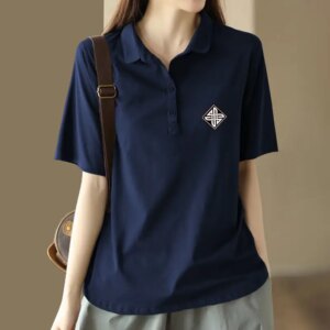 Summer Outfit Youthful Printing Women's Polo Shirts Lapel Button T-shirts Korean Clothing Elegant Baggy Short Sleeve Female Tee