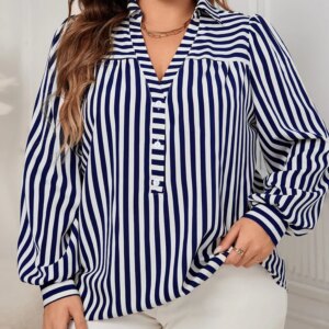 GIBSIE Plus Size Blue And White Striped Shirt Woemn Autumn New Polo Collar Long Sleeve Button Front Casual Loose Blouses Tops