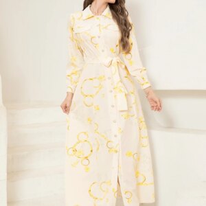 Elegant Long Shirt-Sleeve Dress with Chain Print Design, Belt & Pocket - Sophisticated Collared Neck, Button Details