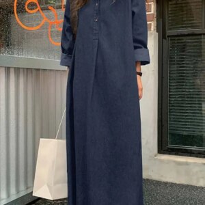 ZANZEA Fashion Women Denim Blue Sundress Autumn Lapel Neck Long Sleeve Solid Maxi Shirt Dress Casual Loose Vestido Robe Femme