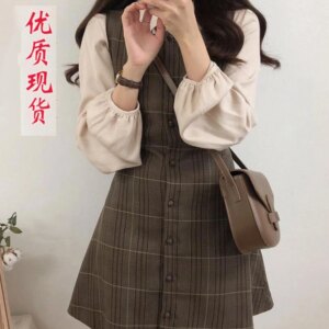 Cute Mini New Year Date Dresses Sleeveless Vest Women Korea Japanese Style Design Retro Vintage Plaid Button Shirt Dress 11021