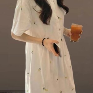 Loose Summer Cute Sweet Japanese Style Girls Flower Embroidery Retro Vintage Single Breasted Button Cotton Blends Shirt Dress