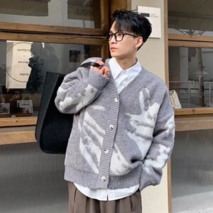 Man Clothes Graphic Jacket Cardigan Knitted Sweaters for Men Coat Maletry Y2k Streetwear Plus Size Tops 90s Vintage Loose Fit X