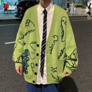 Autumn Oversize Cardigan Men Knitted Dinosaur Sweater Streetwear Loose Male Women Coat 2024 Doodle Hop Pattern Winter