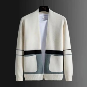 Korean Fashion Spring Autumn New Cardigan Sweaters Coats Men's V-Neck Contrast Color Pockets Loose Long Sleeve Knitted Jackets