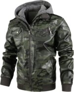 Motorcycle Jacket for Men Faux Leather Windproof Bomber Coat Vintage Hoodie Removable Hood Camouflage Casual Leather Coats