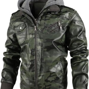 Motorcycle Jacket for Men Faux Leather Windproof Bomber Coat Vintage Hoodie Removable Hood Camouflage Casual Leather Coats