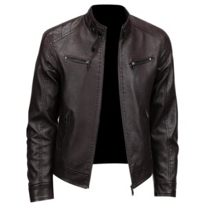 Brand Leather Jackets Men's Luxury Clothing Vintage Leather Jacket Men's Winter Solid Color Stand Up Collar Windproof Warm Coat